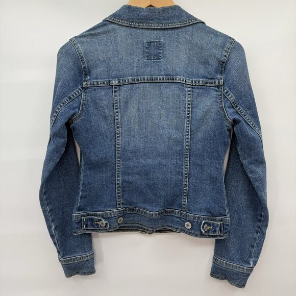 Old Navy Denim Trucker Jacket Size XS Blue Jean Dark Worn Wash Distressed Y2K - Picture 2 of 7
